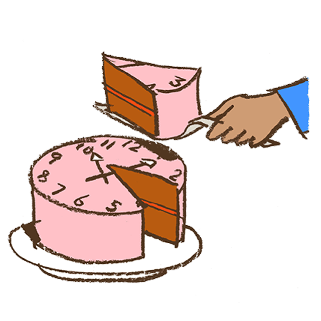 En person skærer et stykke kage ud af en rund, pink kage.