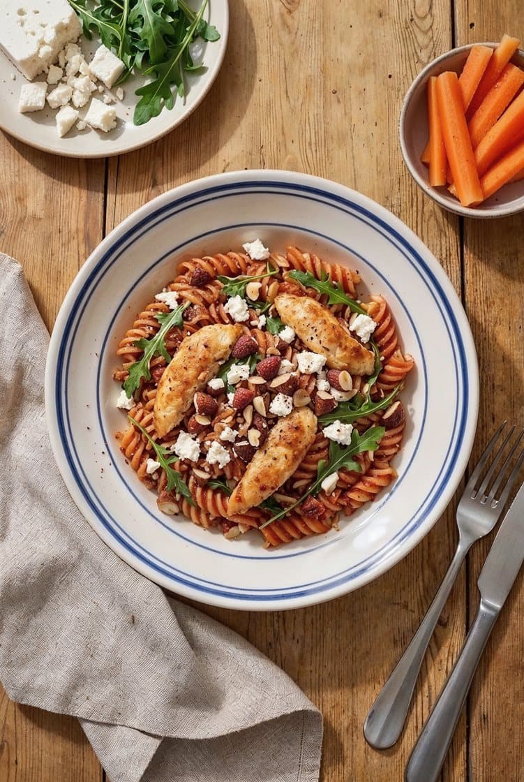 Glutenfri pasta med lynstegt pestokylling og rucola