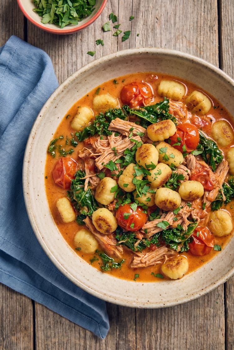 Svinekød i cremet tomatsauce med stegt gnocchi og persille