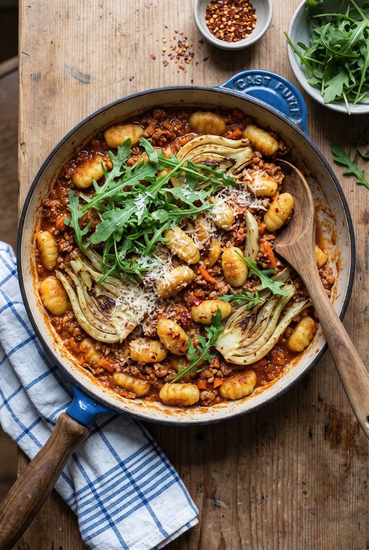 Pande med svinekød og gnocchi, ovnbagt fennikel og rucola