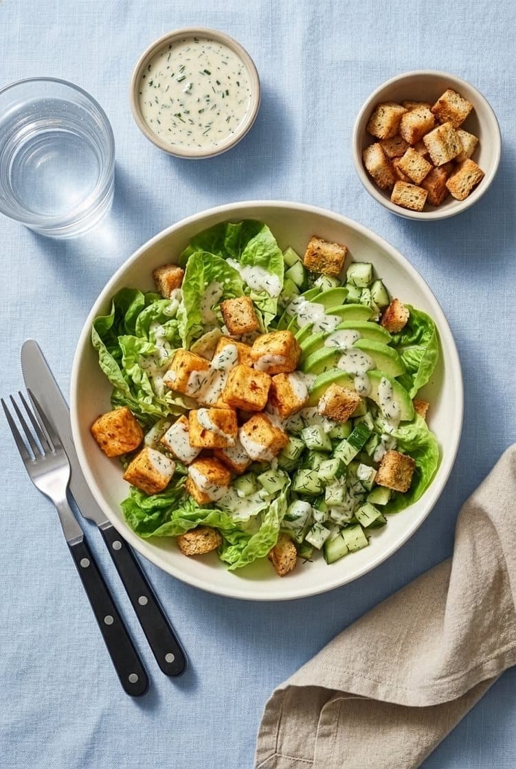 Crispy spicy tofu salat med urtedressing og dildagurk