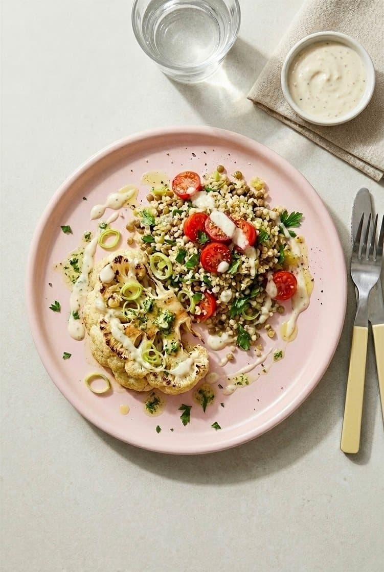 Grillet blomkål i kryddersmør og bulgur/linsesalat med tomater og peberrodsdressing