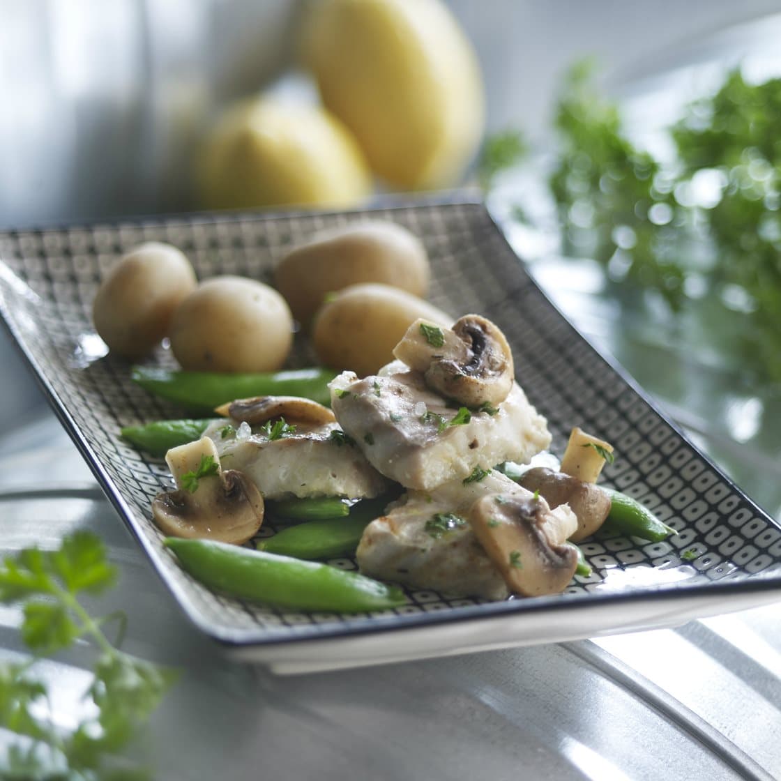 Champignon-fisk med små kartofler