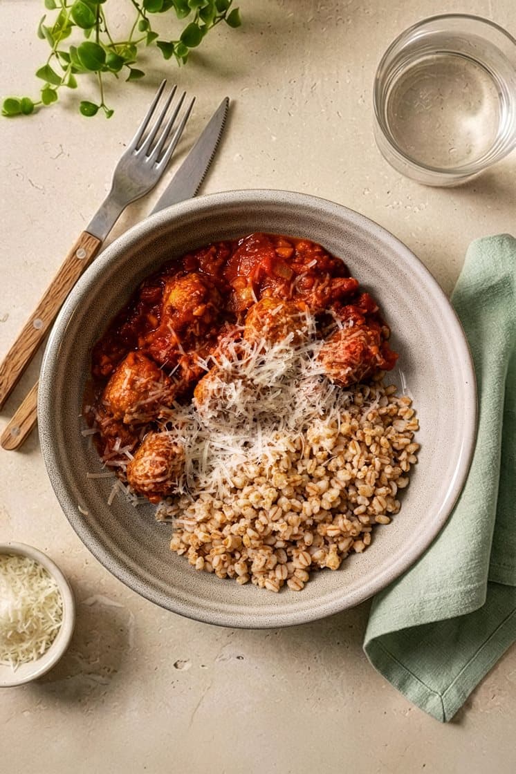 Meatballs i tomatsauce med hvedekerner 