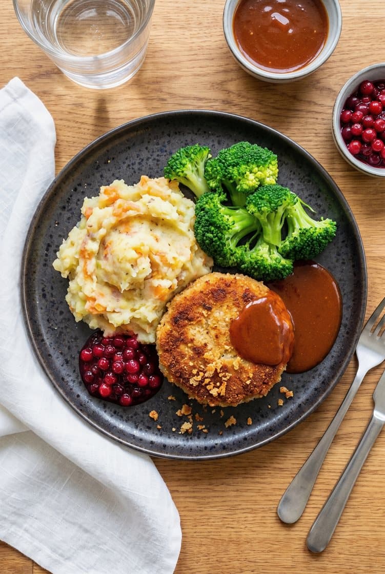 Krebinetter med kartoffel-rodfrugtmos og broccoli