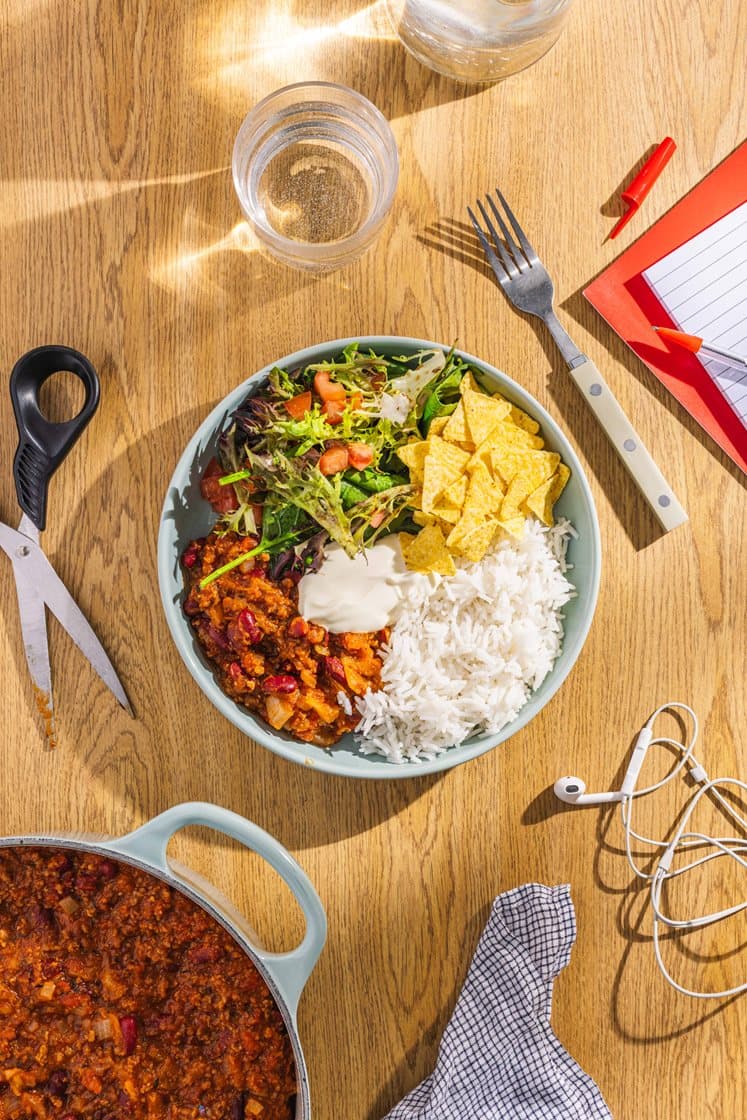 Quick chili con carne med ris og nachos