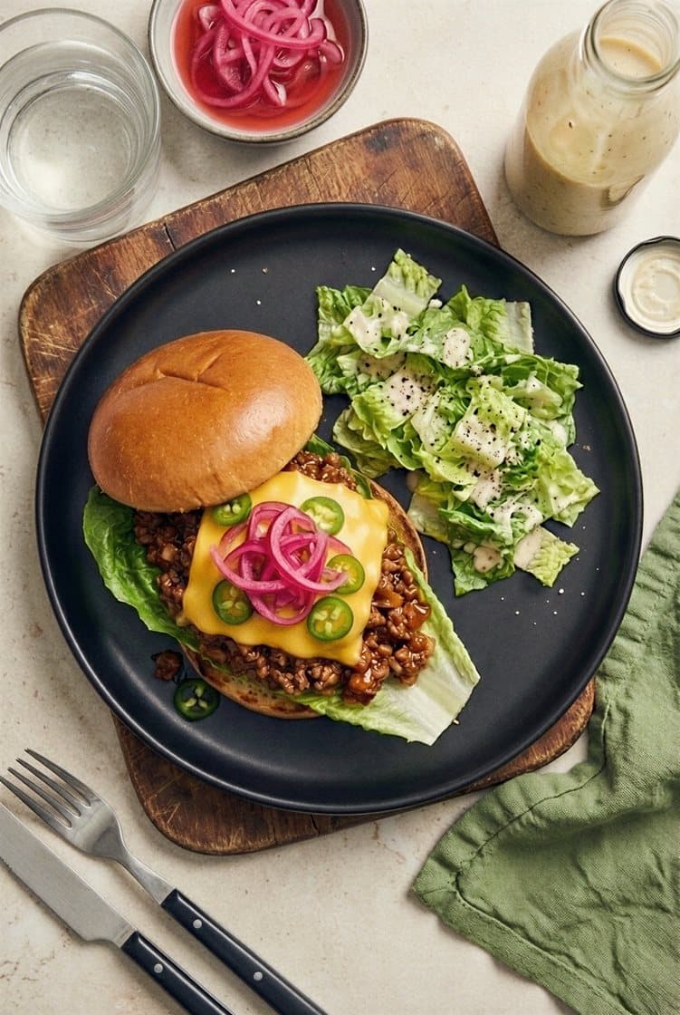 Sloppy Joe med jalapeño, syltede rødløg og cæsarsalat
