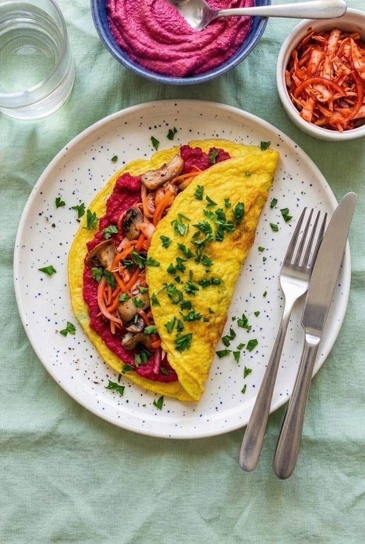Æggewraps med rødbedehummus, svampe og kimchikål