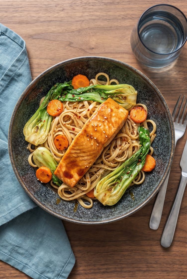 Teriyakistegt laks med pak choy, gulerødder og nudler