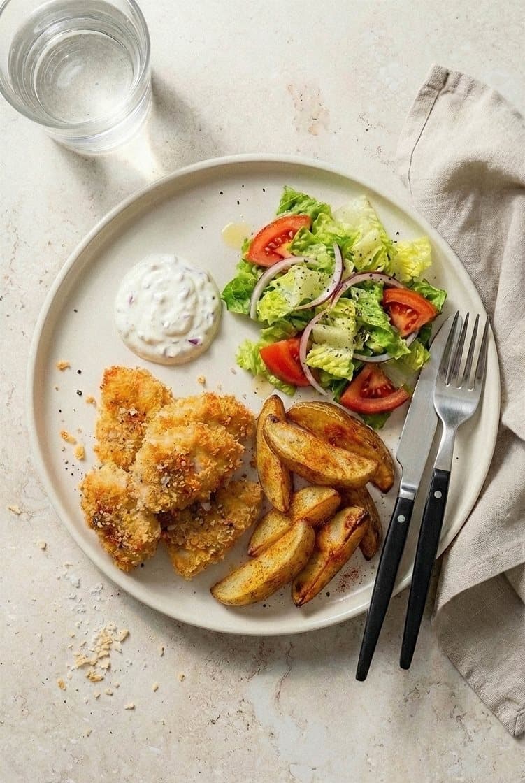 Crispy kylling med krydrede kartoffelbåde, hvidløgsyoghurt og salat