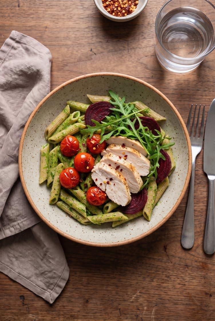 Kyllingebryst og fuldkornspasta i persillesauce, serveret med chilibagte cherrytomater og rucola