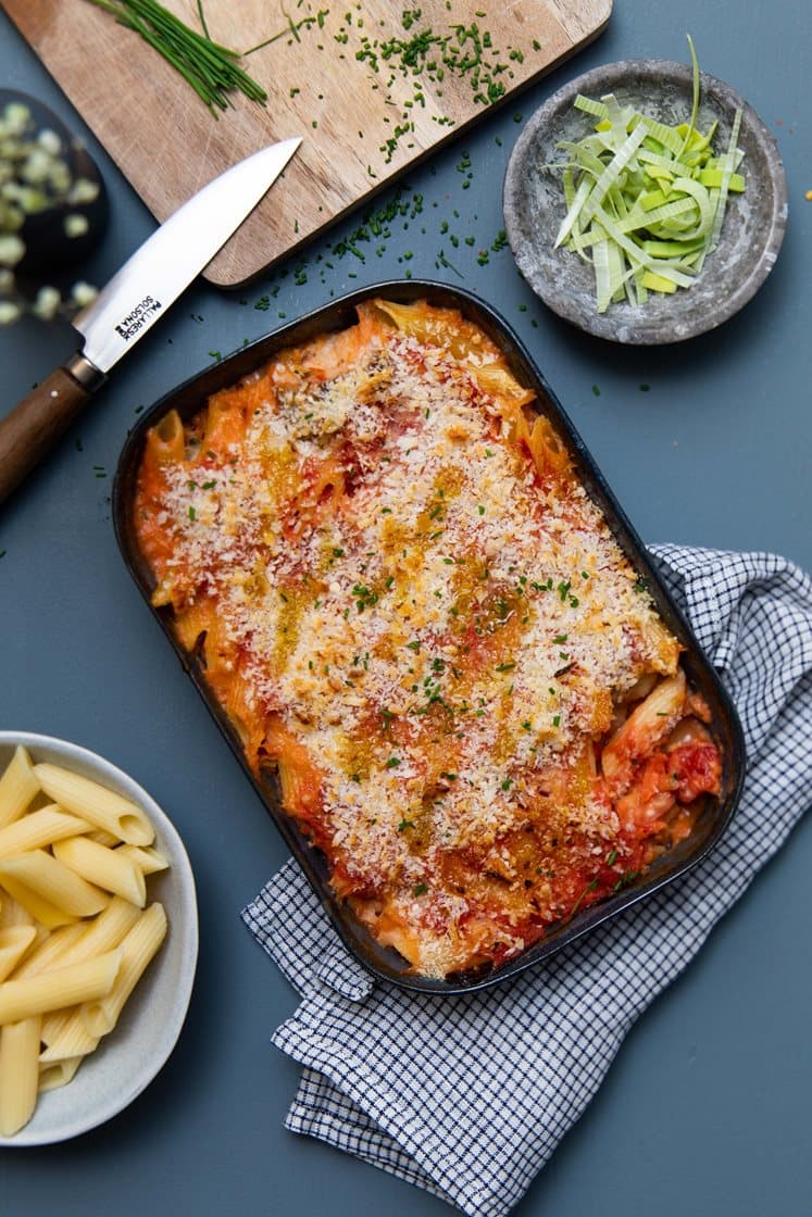 Pasta al forno med hvid fisk