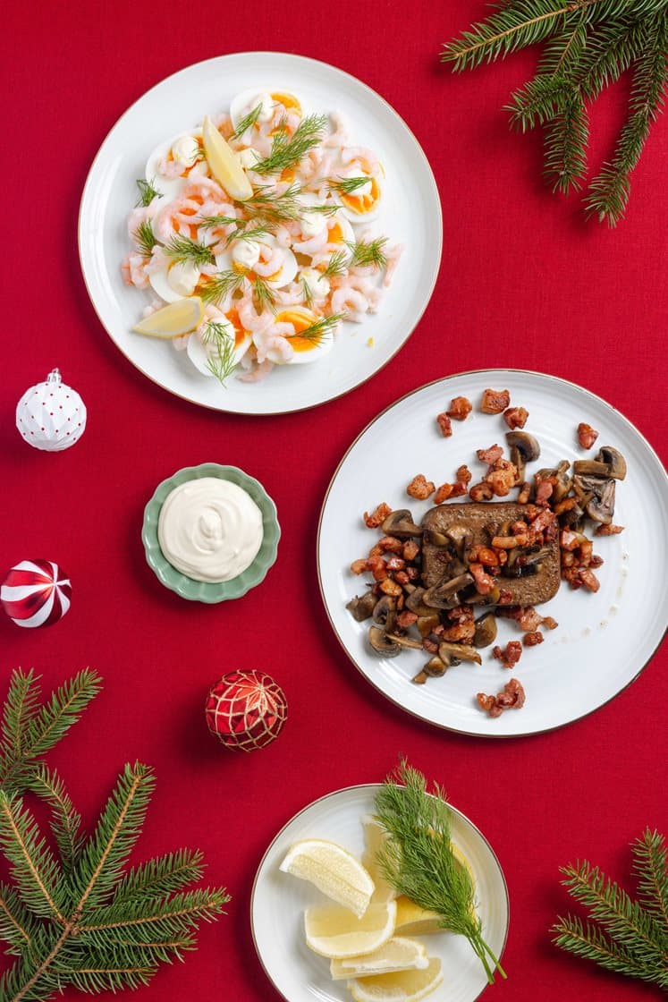 Æg & Rejer / Varm leverpostej med bacon og champignon