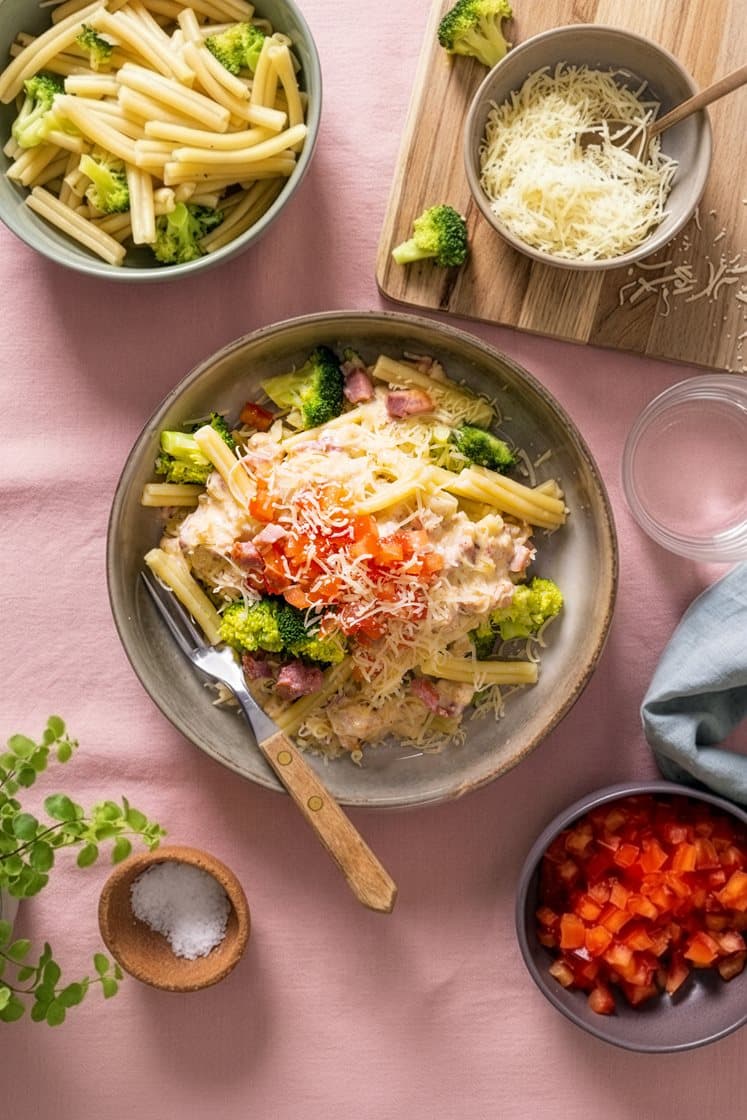 Cremet pasta med bacon, broccoli og tomat