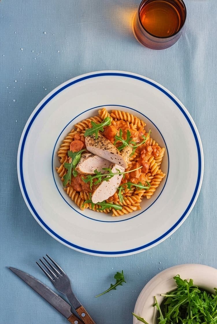 Glutenfri pasta med stegt kyllingebryst og cremet tomatsauce