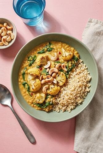 Karrygryde med linser, cashewnødder og ristet blomkål