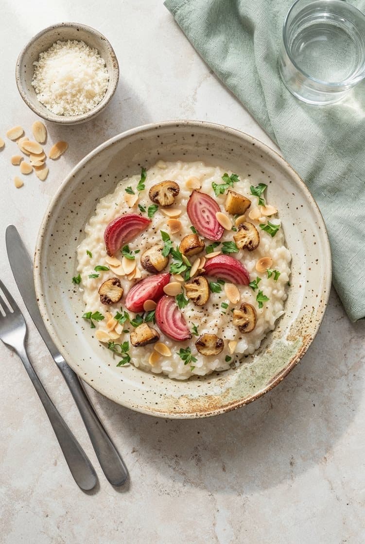 Risotto med ovnbagte bolsjebeder, champignon og mandelflager