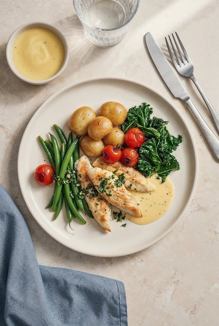 Sauteret kyllingeinderfilet med bagte cherrytomater, grønne bønner, kartofler og bearnaisesauce