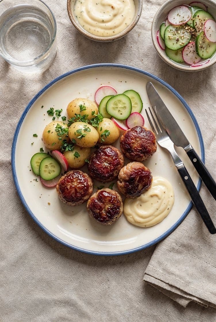 Frikadeller med syltet agurk-radise, kartofler og estragon-dijonmayonnaise