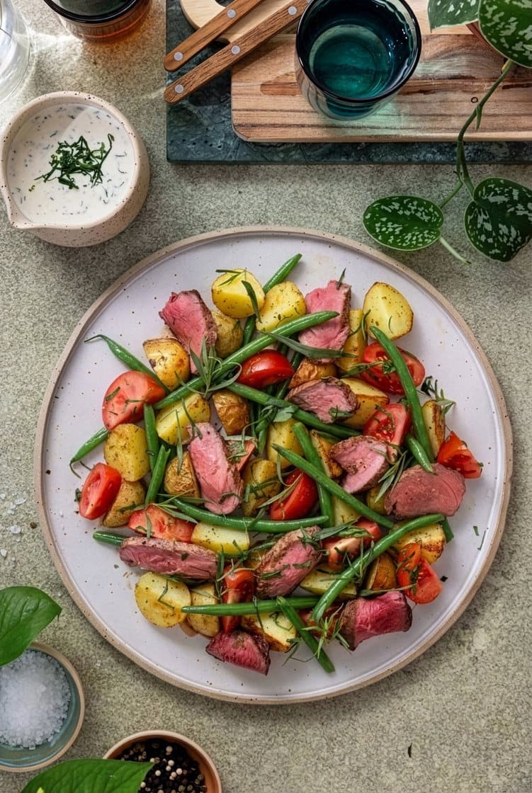 Bøfsalat med krydderstegte kartofler, tomat og grønne bønner serveret med estragonmayonnaise