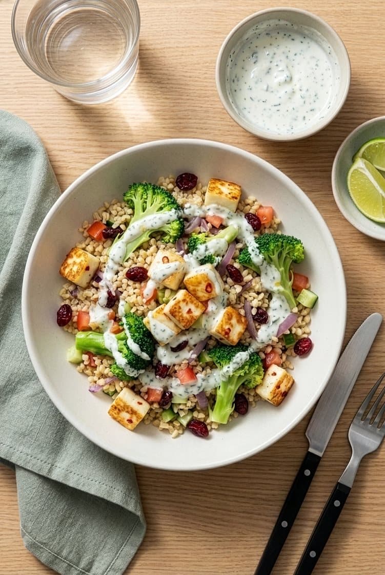 Broccoli/halloumisalat med tranebær, bulgur og yoghurtdip