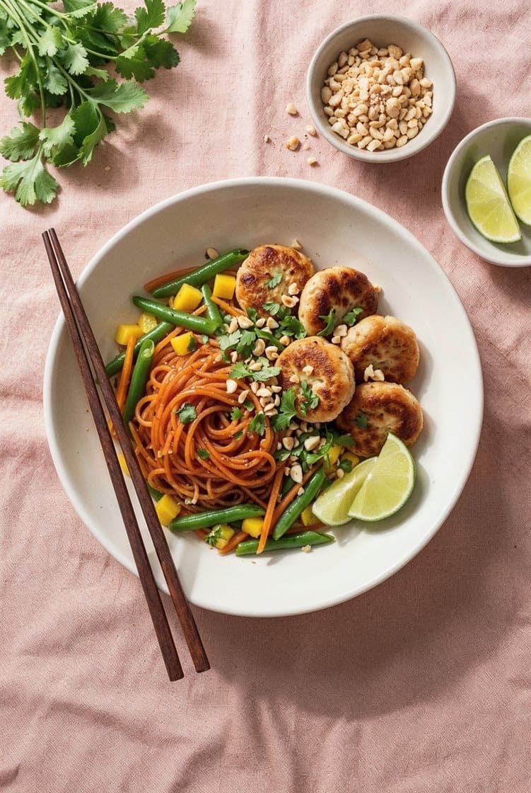 Færdigstegte fiskefrikadeller med spicy kold nudelsalat, grønne bønner og mango