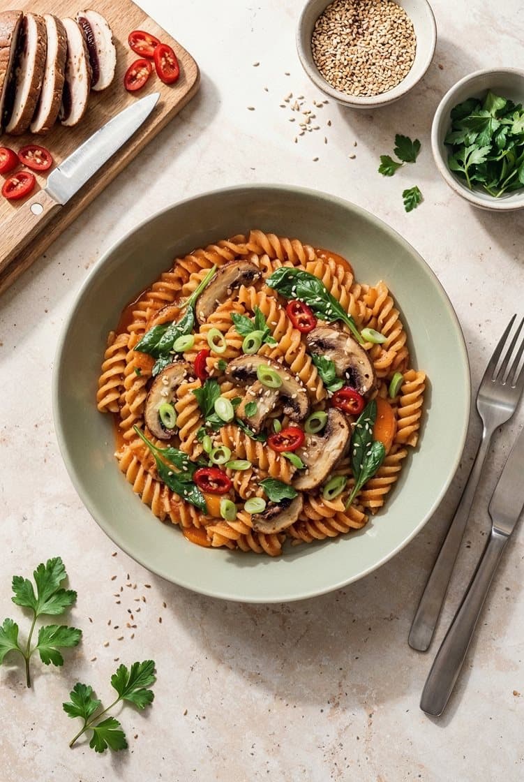 Glutenfri chilipasta i portobellosauce med sesamfrø