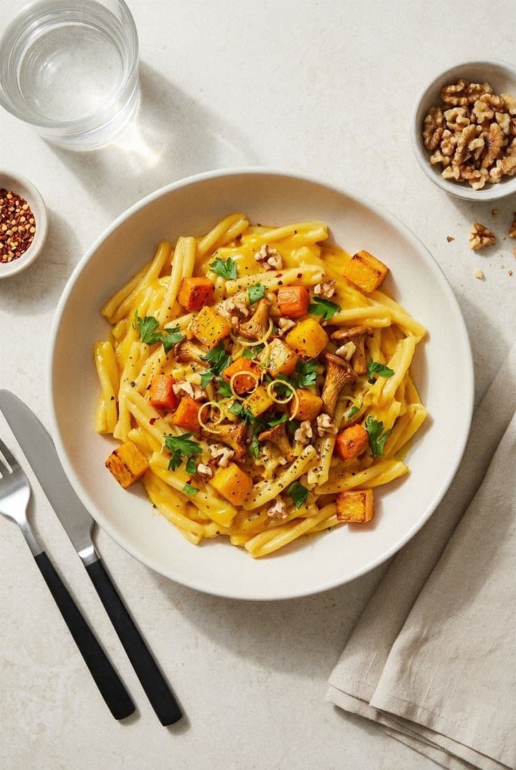 Pasta i cremet græskarsauce med nøddestegte kantareller og persille