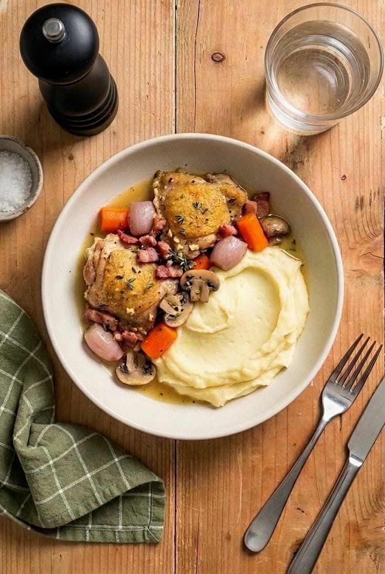 Coq au vin blanc - Kyllingegryde med bacon, svampe og kartoffelmos