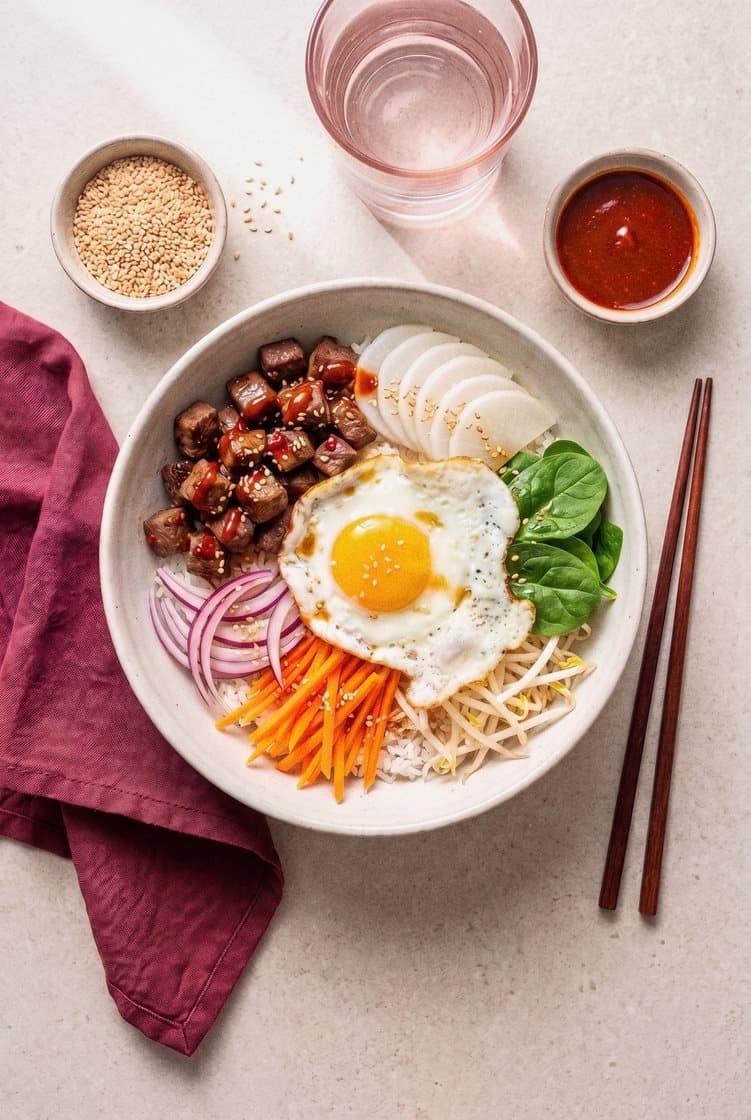Bibimbap på vildtkød med danmuji og spejlæg