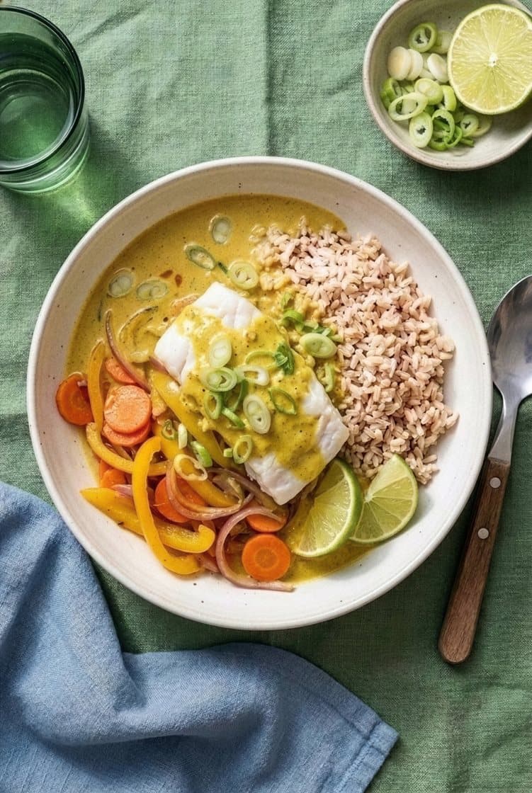 Hvid fisk i karrysauce med grøntsager, lime og fuldkornsris