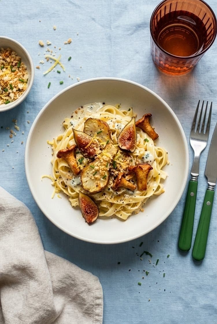 Cremet blåskimmelpasta med bagte jordskokker og kantareller, toppet med sprød citrontopping