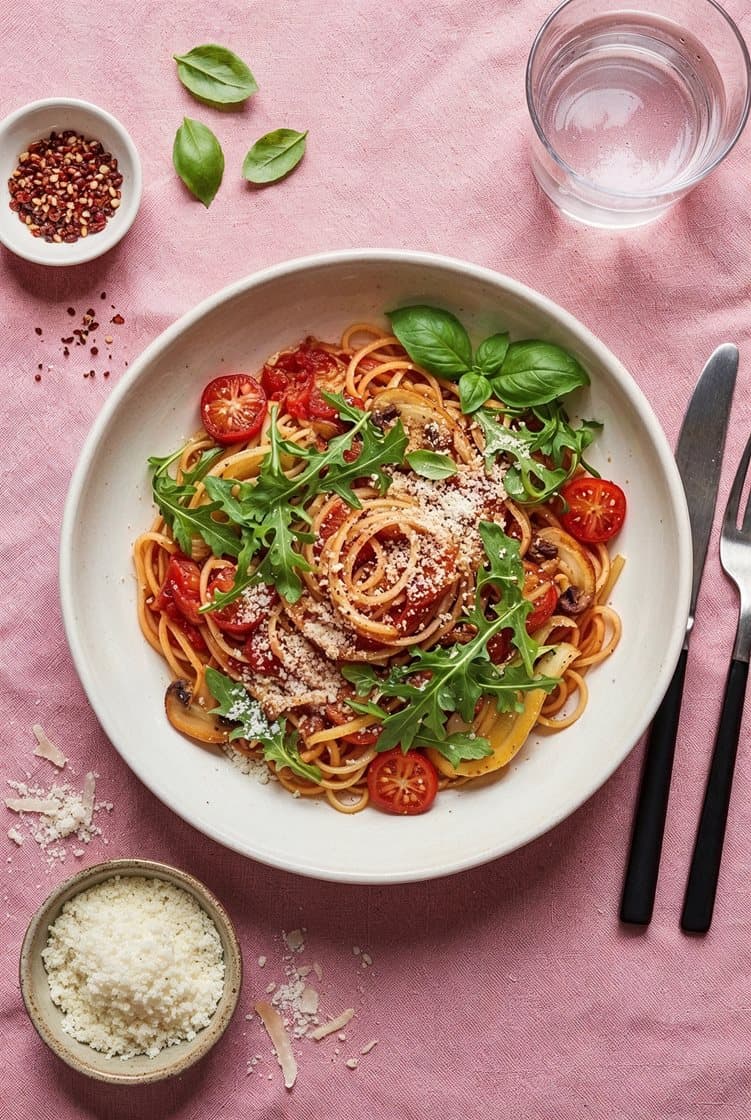 Pasta all'arrabbiata - pasta med stærk tomatsauce, stegte grøntsager og basilikum