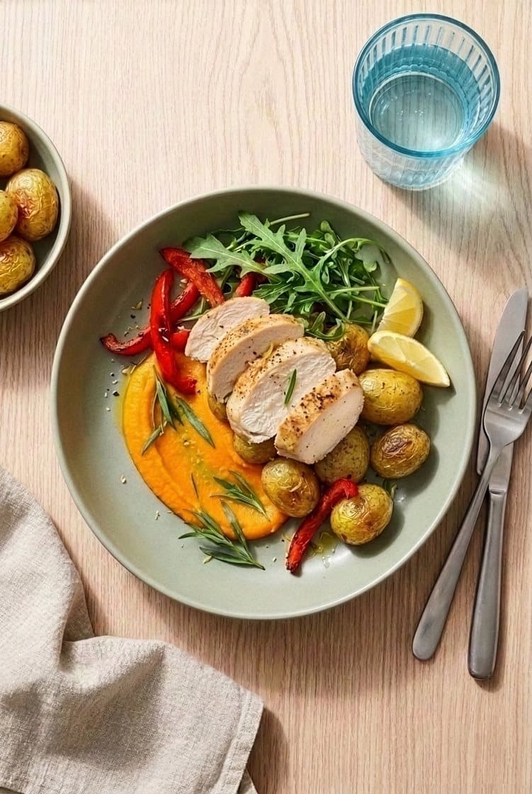 Stegt kyllingebryst med ristet gulerodscreme og rucola