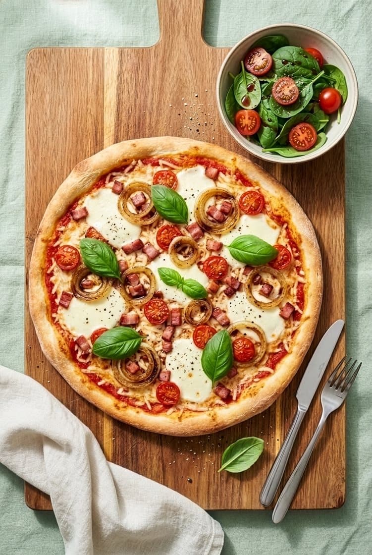 Pizza med bacon, karamelliserede løg og salat