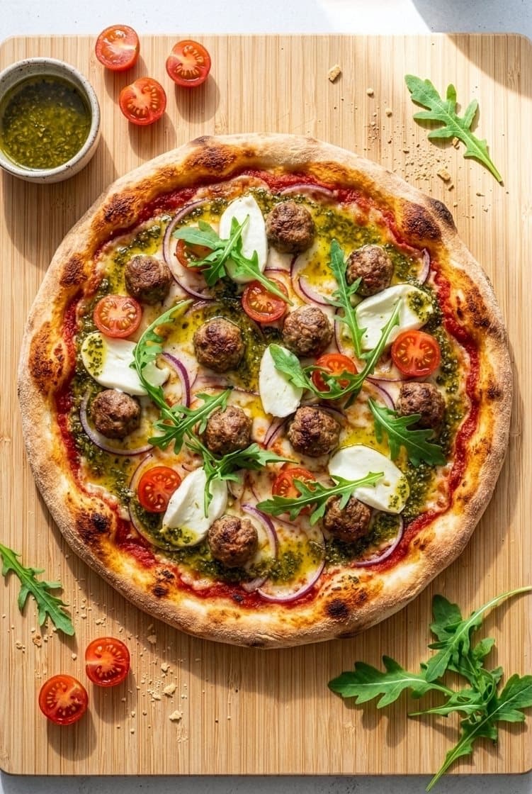 Pizza med spicy kødboller, frisk mozzarella, grøn pesto og rucola