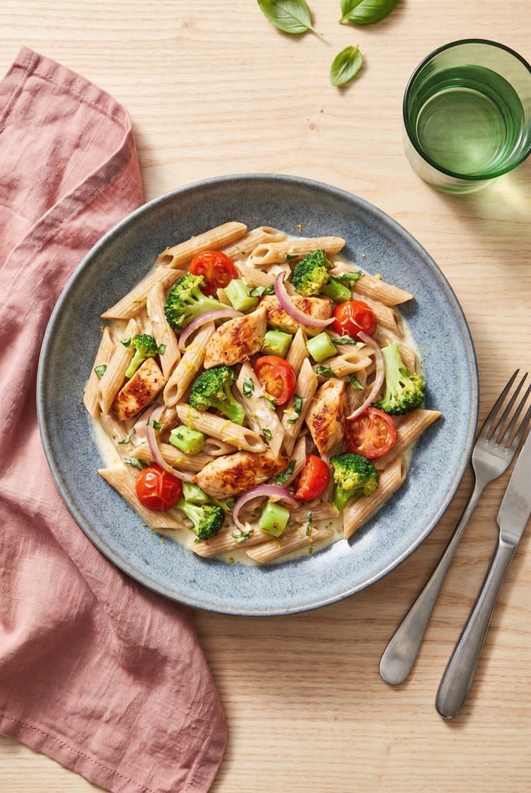 Fuldkornspasta med stegt kylling, broccoli, cherrytomater og citronyoghurt-sauce