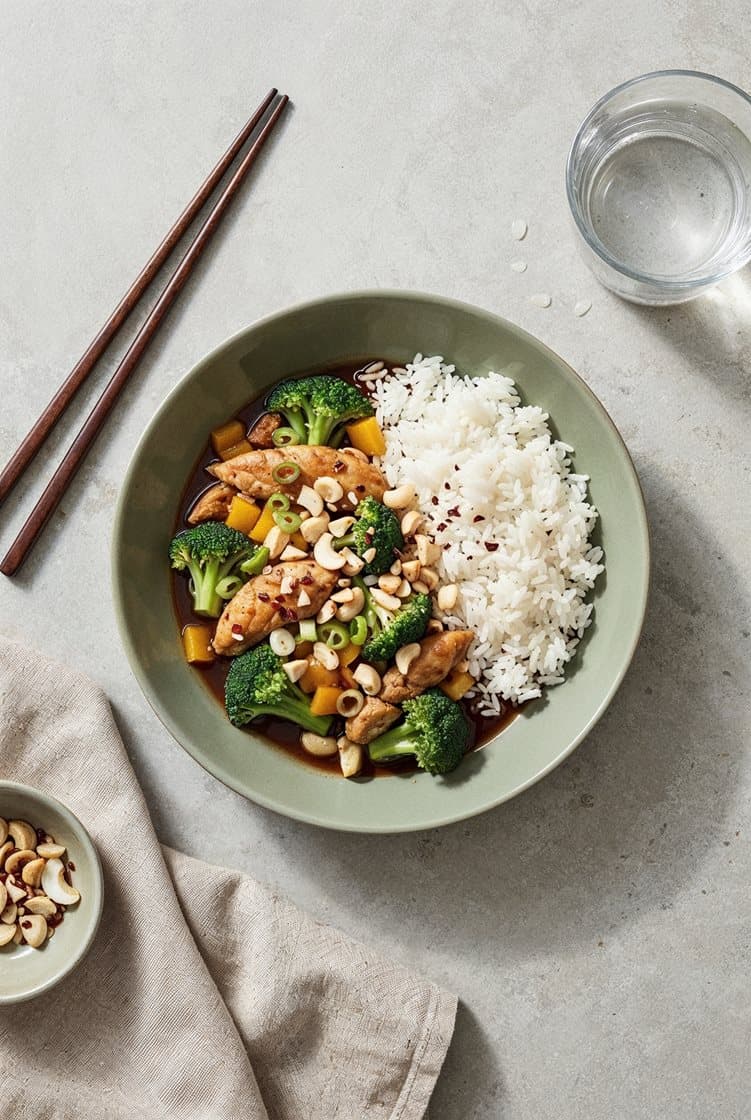 Cashew kylling med ris og broccoli
