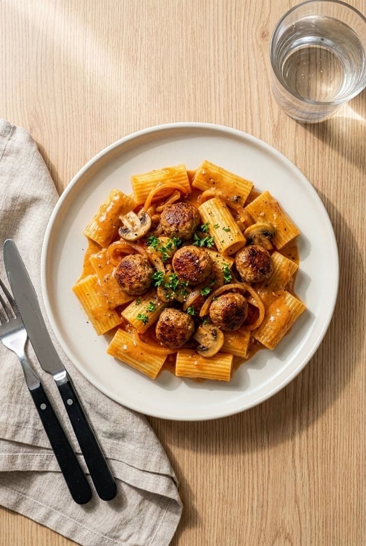 Italienske kødboller i cremet sauce med pasta