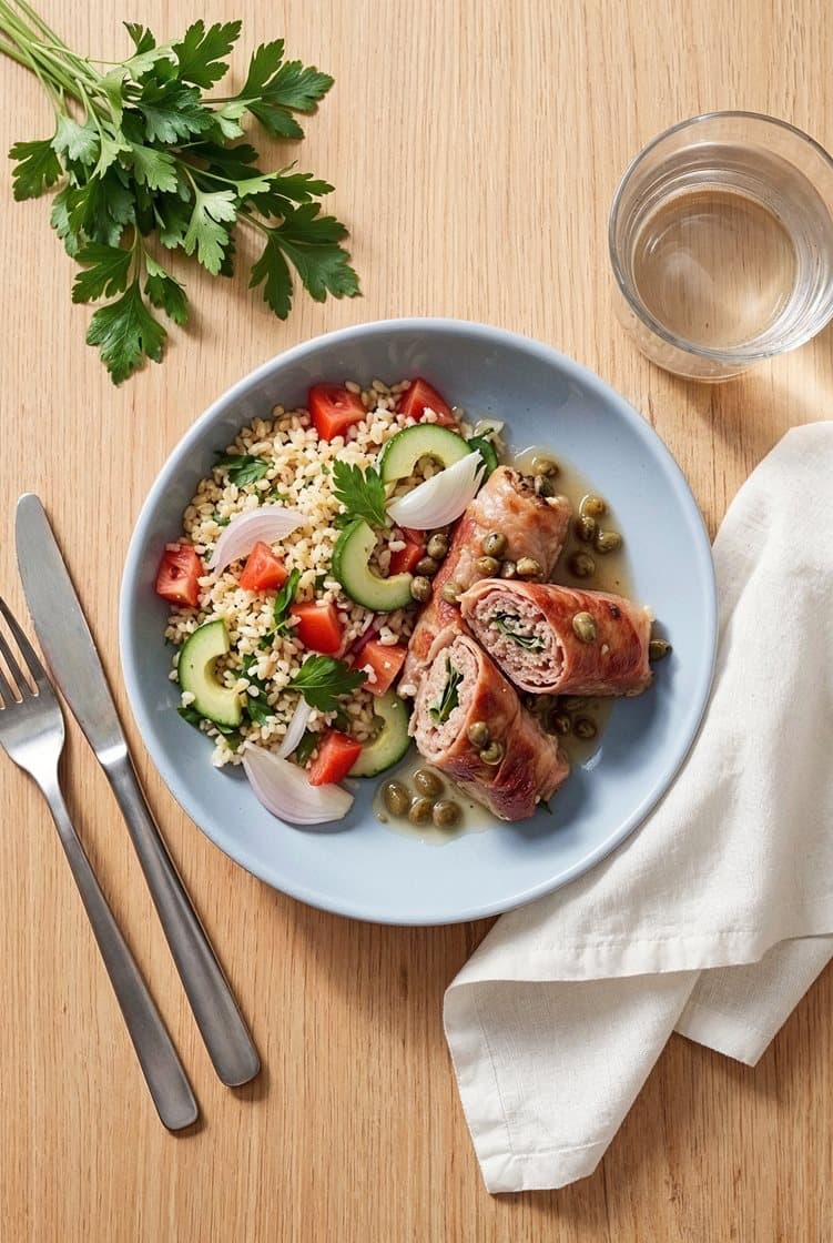 Salvieruller med seranoskinke og bulgursalat