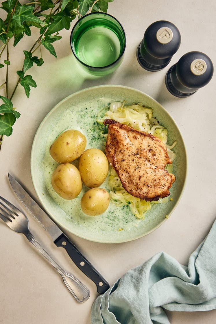 Kyllingebryst med spinatsauce og citron/smørstegt spidskål