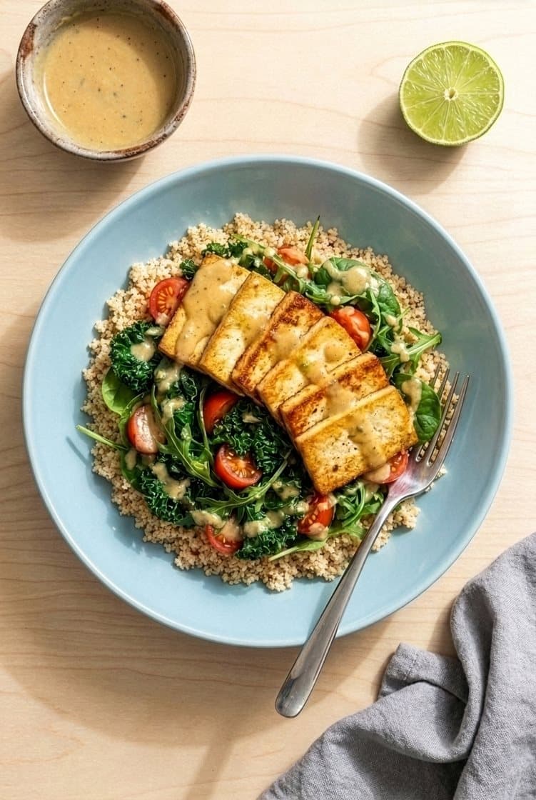 Stegt tofu med miso/lime-dressing, hvidløgsstegte grønne salater og couscous