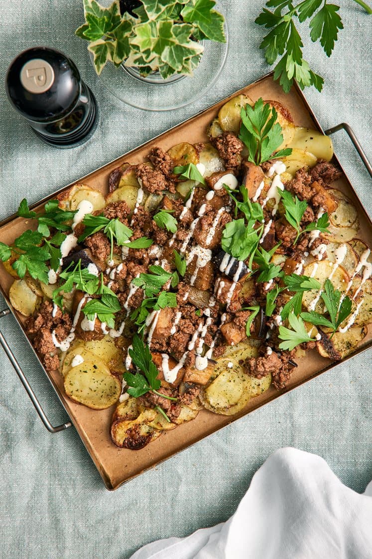 Moussakafad med oksefarsragout og aubergine
