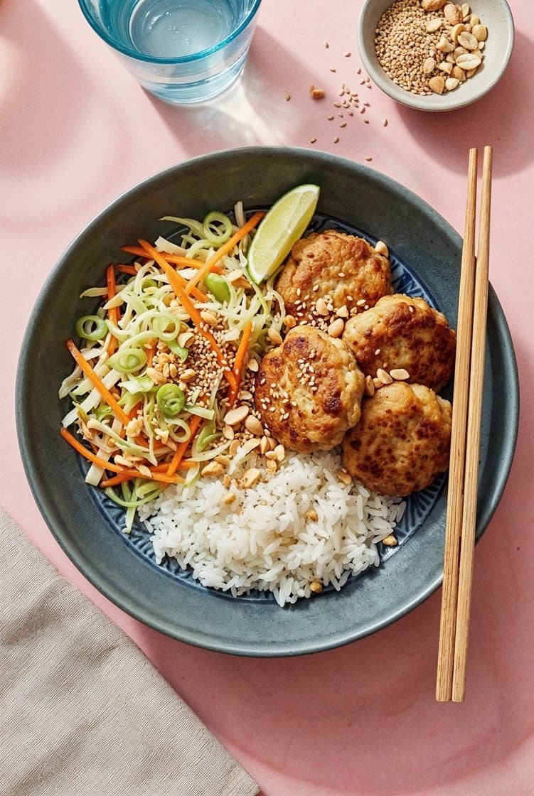 Færdigstegte fiskefrikadeller med asiatisk coleslaw og jasminris