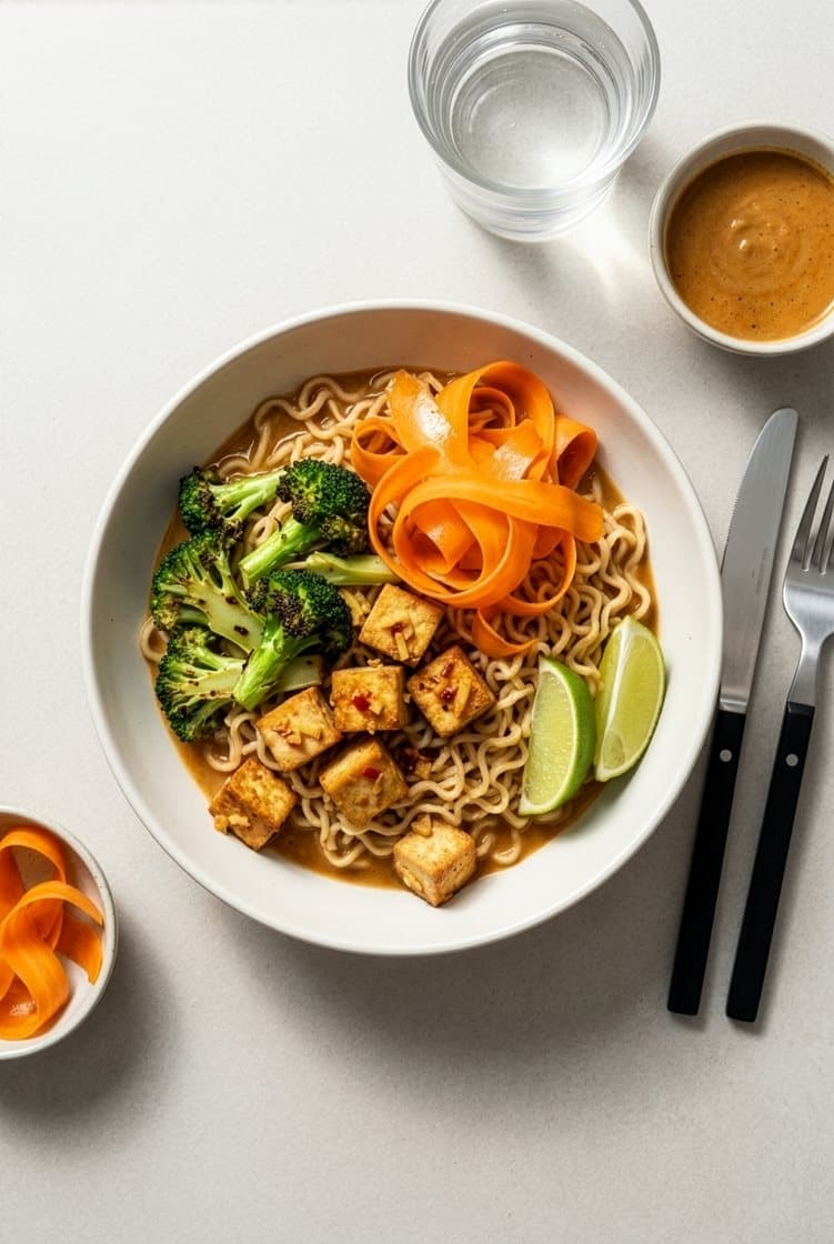 Nudler i cremet massaman sauce med ingefærstegt tofu, broccoli og limesyltede gulerødder