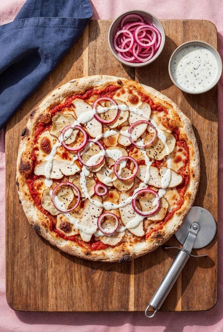 Pizza rosso med røget kyllingebryst, jordskokker og syltede rødløg