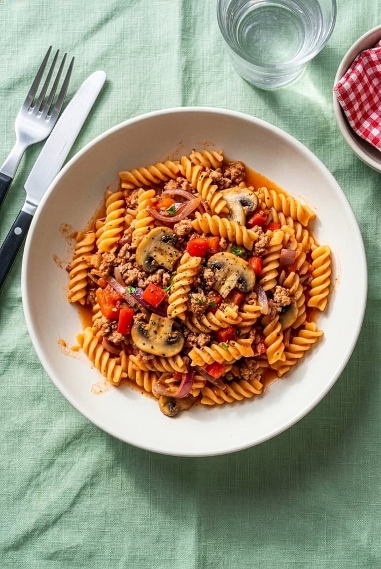 Glutenfri alt-i-én pasta med hakket gris, champignon og rød peber