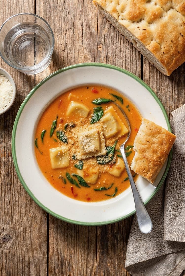 Suppe med ravioli, ost og lunt brød